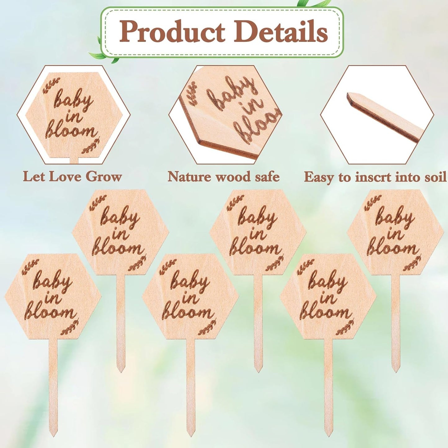 20Pcs Baby in Bloom Wooden Plant Labels, Garden Markers with Laser Engraved Design Baby Shower Decorations Succulent Tags for Potted Plants Party Favors Gifts