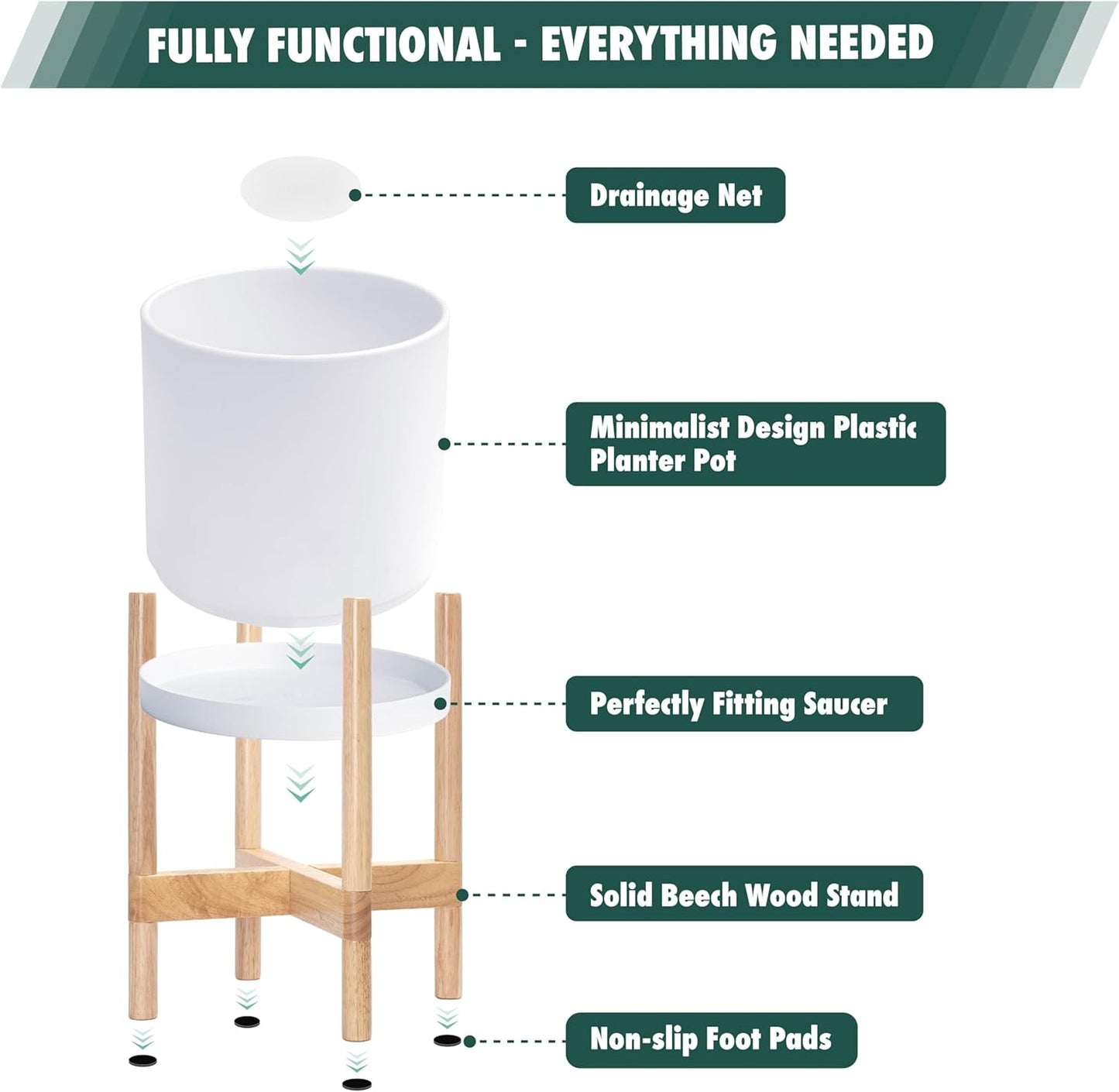 D'vine Dev Planter Pot with Stand - 14 Inch Plastic Cylinder Flower Pot with Wood Planter Holder for Indoor, Matte White Pot + Natural Stand, 55-C-S-1