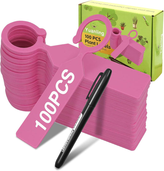Plant Labels Yuanling 100Pcs Plastic Waterproof Plant Tree Tags Nursery Garden Markers for Indoor Outdoor Gardening Plants Vegetables Flowers Potted (Pink Color with 1 Marker Pen)