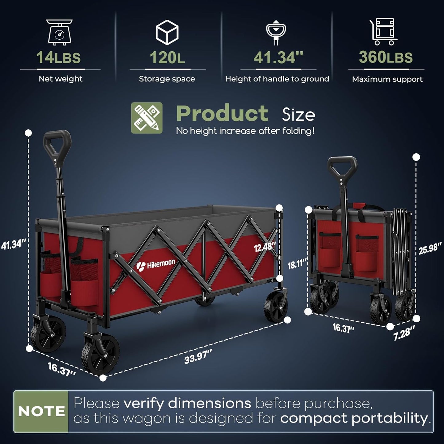 34'' Extra Long Collapsible Wagons Carts Foldable, 360LBS Heavy Duty Folding Beach Wagon with Wheels, Portable Utility Outdoor Cart for Grocery, Garden, Sports, Camping, Red & Grey