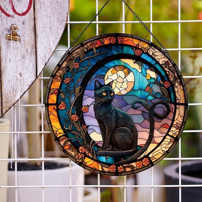 Black Cat Stained Glass Window Hangings,Suncatcher Stained Glass for Windows for Cat Lovers,20cm/7.87inch Hand-Painted Sun Catcher Garden Hangings Halloween Fall Christmas Decor for Home