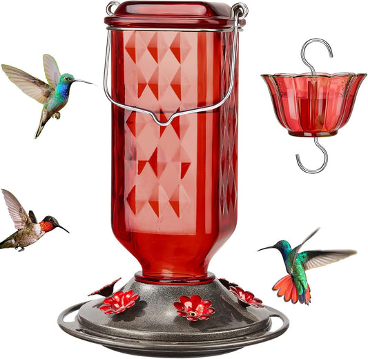 Kingsyard Glass Hummingbird Feeder for Outdoor Hanging, 24 Ounces, 6 Feeding Ports, Bird Nectar Feeder for Garden Décor, Ant Moat Included, Red