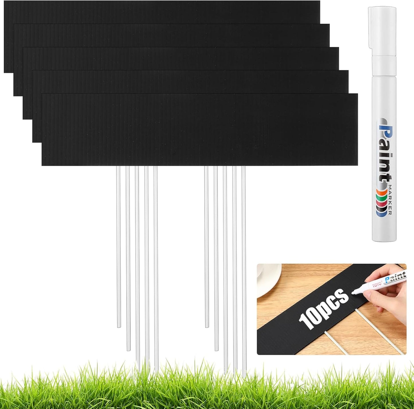 10 Set Jumbo Outdoor Plant Label Stakes Waterproof Nursery Garden Markers Plastic T Type Plant Tag Identification Stake with Marker Pen for Herb Vegetable Flowers, 12" High (Black)