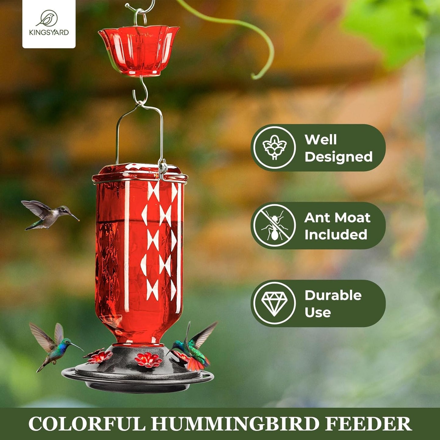 Kingsyard 2 Pack Glass Hummingbird Feeder for Outdoor Hanging, 24 Ounces, 6 Feeding Ports, Bird Nectar Feeder for Garden Décor, Ant Moat Included, Red