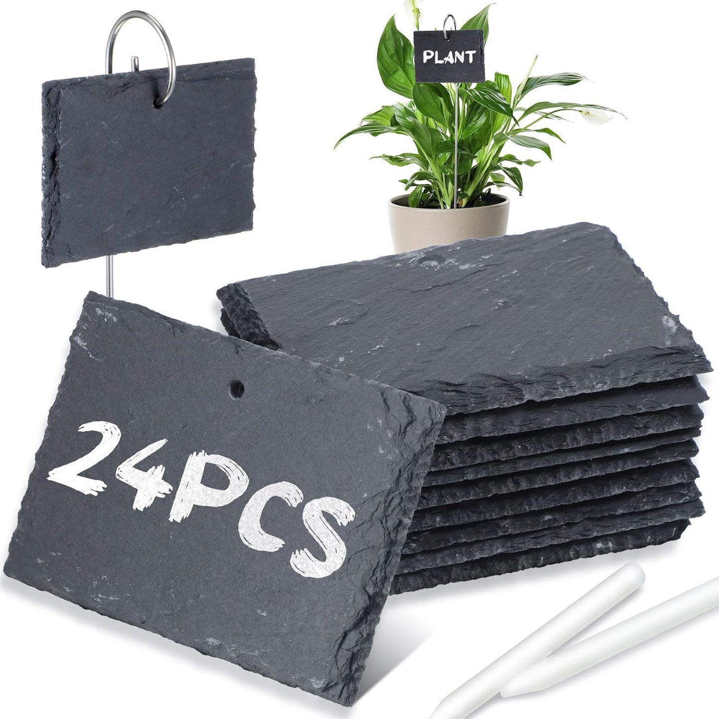 Leifide 24 Sets Plant Labels, Reusable Slate Plant Markers Natural Weatherproof Garden Signs Waterproof Hanging Slate Planter Tags with Metal Stakes and Stone Chalks for Vegetable Flower Pot