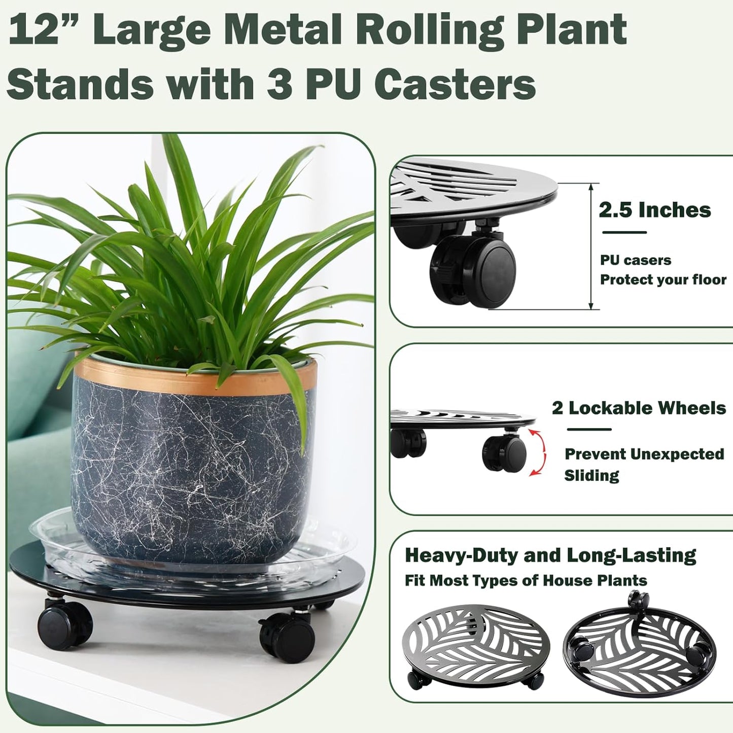 5 Packs Large Metal Plant Caddy with PU Wheels 12" Heavy-Duty Wrought Iron Rolling Plant Stands Indoor Outdoor Wheeled Plant Dolly Planter Mover Rollers Plant, Leaf Style