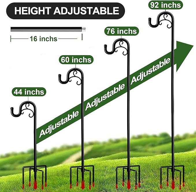 Shepards Hooks for Outdoor, 60 Inch Adjustable Shepherds Hook for Bird Feeders for Outside (2pcs), Heavy Duty Humming Bird Stand Feeder Pole, Metal Garden Hooks Hanger for Outdoor Décor