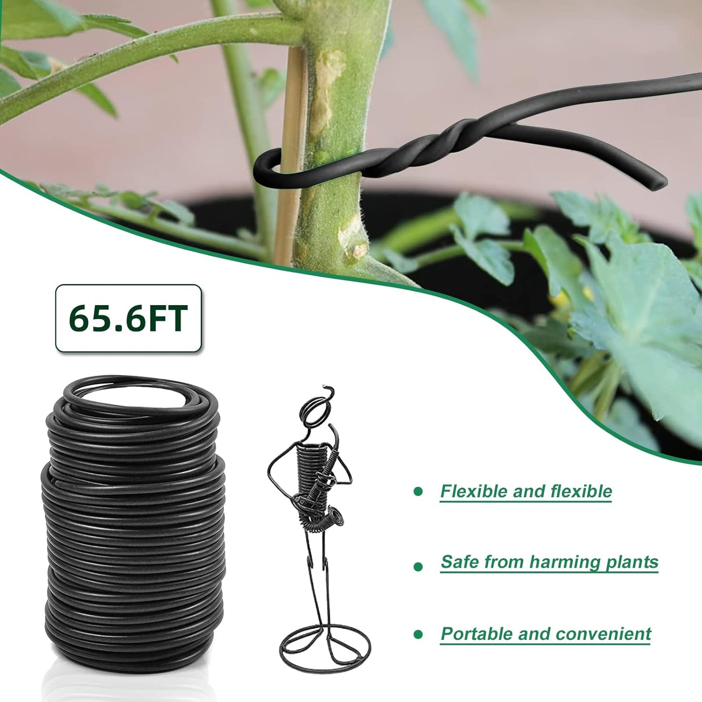 Decoroca Soft Plant Ties for Support - 65.6' Reusable Waterproof Plant Wire, Garden Twist, Office Organization and Decoration Binding（3pcs/Black）
