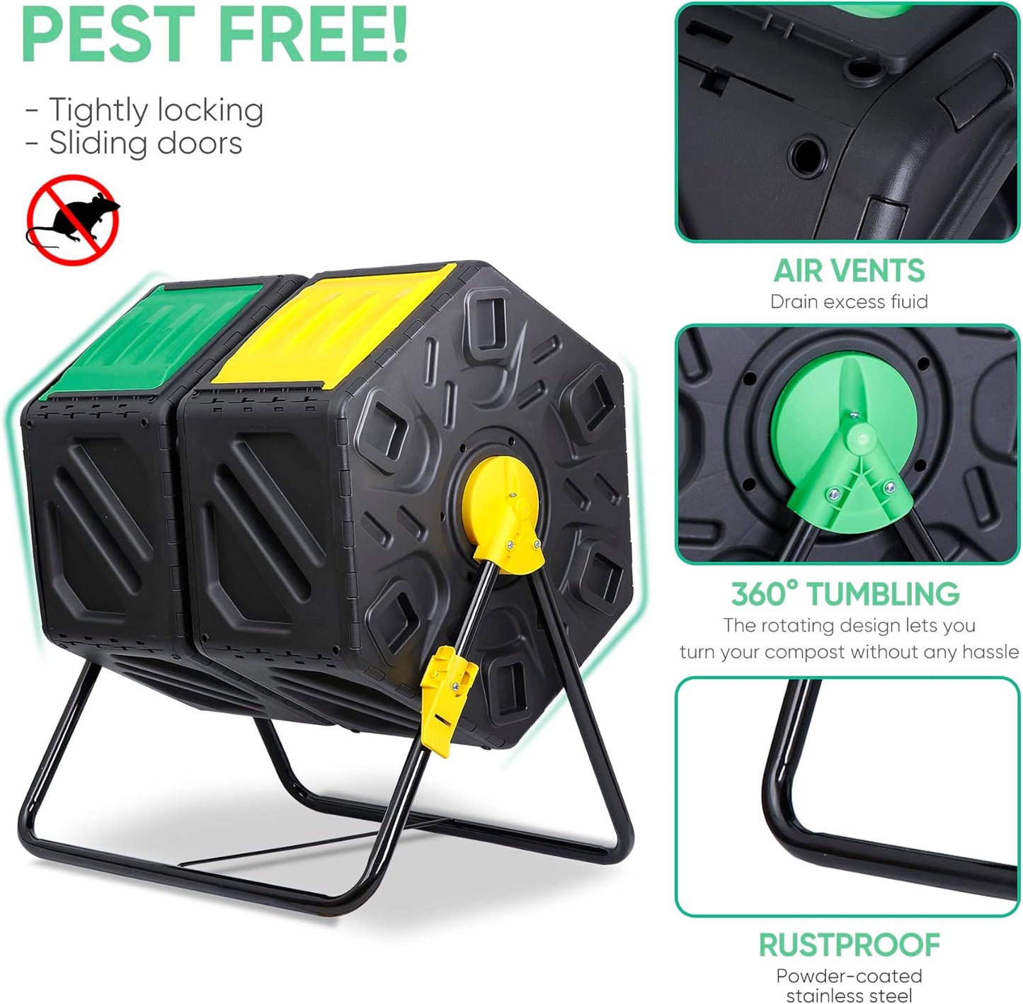 F2C Dual Chamber 37 Gallon Compost Tumbler All-Season Outdoor BPA Free Large Composter Bin w/ 2 Sliding Doors and Solid Steel Frame