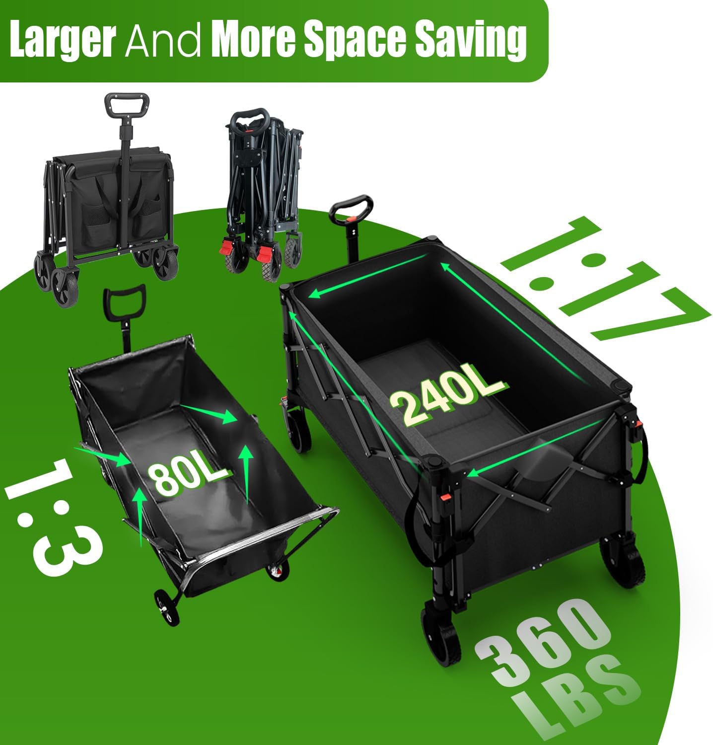 Extra Large Foldable Wagons Extended, 250L Collapsible Wagon with Tailgate, 49”L Folding Wagons with Brakes, Grocery Wagon, Utility Cart for Sports, Shopping, and Camping, Black