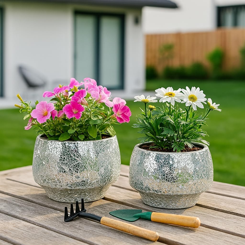 Flower Pots and Planters for Home Decor – Mosaic Indoor and Outdoor Plant Pots for Garden, Patio, or Room – Modern Pots for Indoor Plant Stand for Herbs, Succulents, or Ferns Set of 2 – 8", 6" Silver