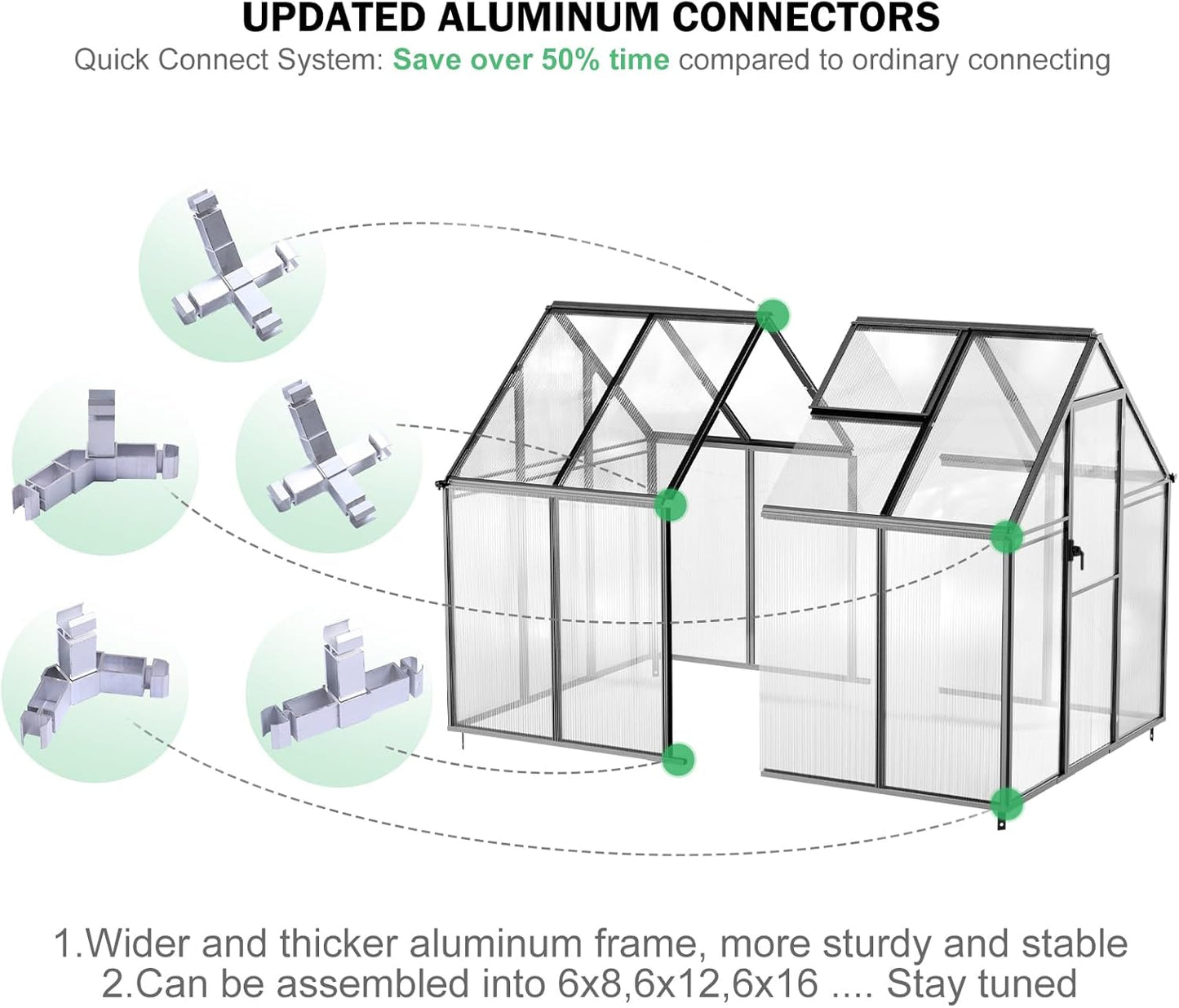 CDCASA 8.2x6.2 FT Greenhouse for Outdoors, Easy Assembly Aluminum Heavy Duty Polycarbonate Greenhouses w/Vent Window, Swing Door, Walk-in Green House for Sunroom Patio, Backyard, Garden,Black