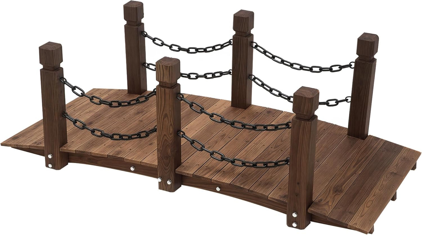 Outsunny 5 ft Wooden Garden Bridge Arc Footbridge with Metal Chain Railings & Solid Fir Construction, Carbonized