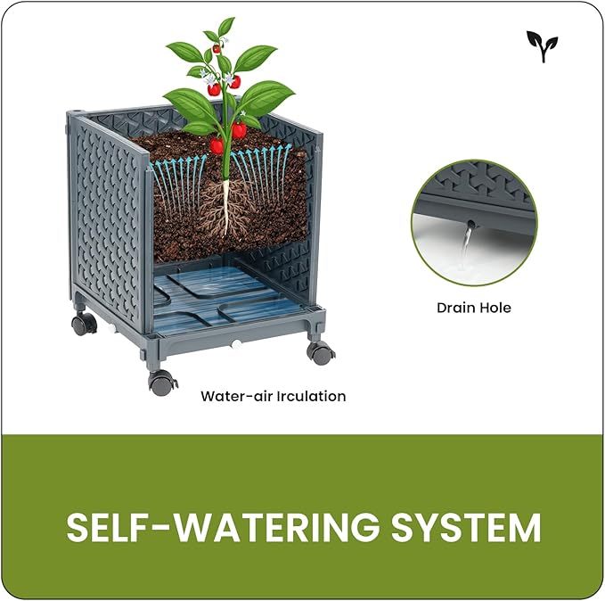 Raised Garden Bed with Tomato Cage 56.7” Self Watering Tomato Planter Boxes with Trellis Wheels for Outdoor Climbing Flowers Vegetable Vine Vegetables