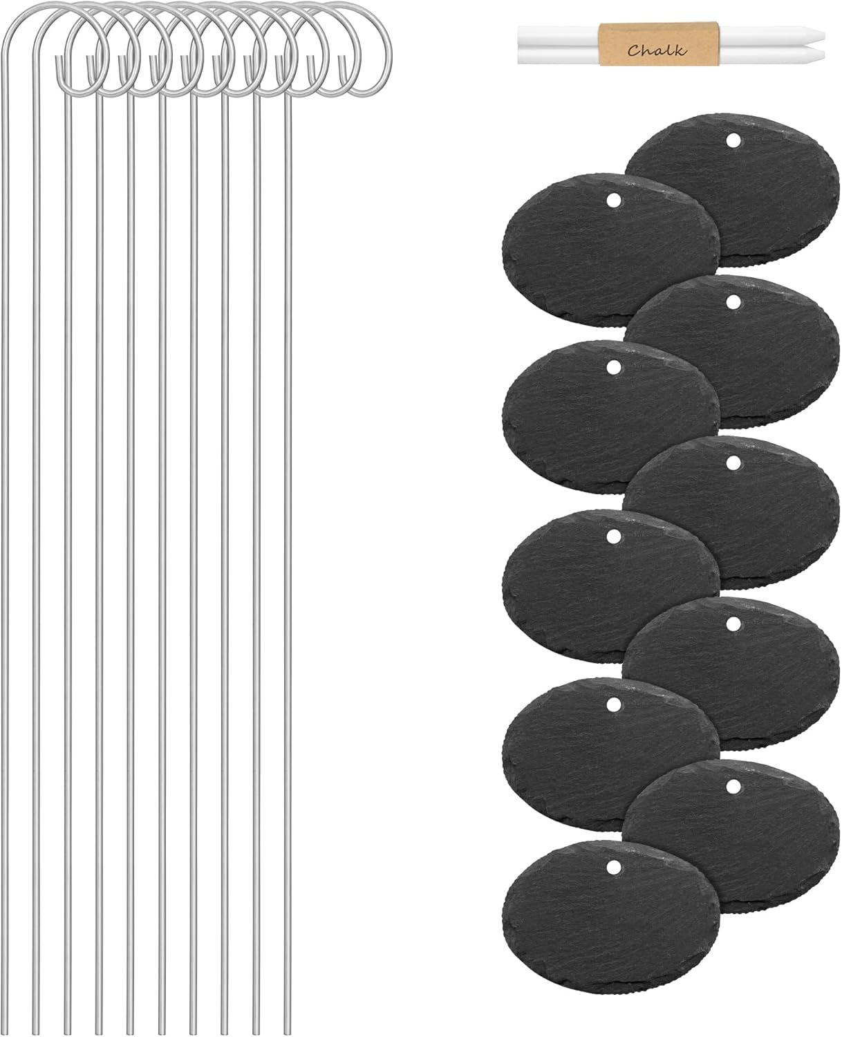 Navaris Slate Garden Markers (10 Pieces) - Plant Marker Label Signs with Stakes - for Plants, Vegetables, Herbs, Gardens - Includes Chalk Pencils - Oval