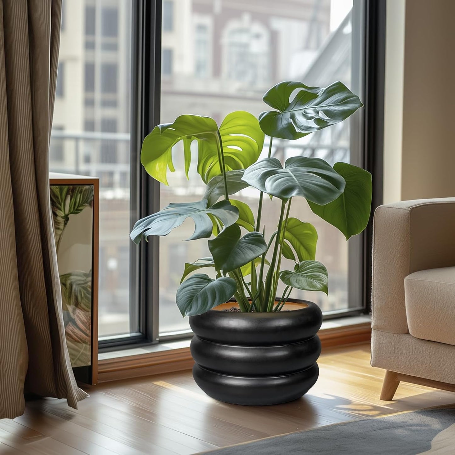 SQOWL 10 Inch Pot for Plants - Ceramic Planter for Indoor Plants Large Plant Pot with Drainage Hole Outdoor Flower Pot Decorative Round Planter for Porch House Decor Black