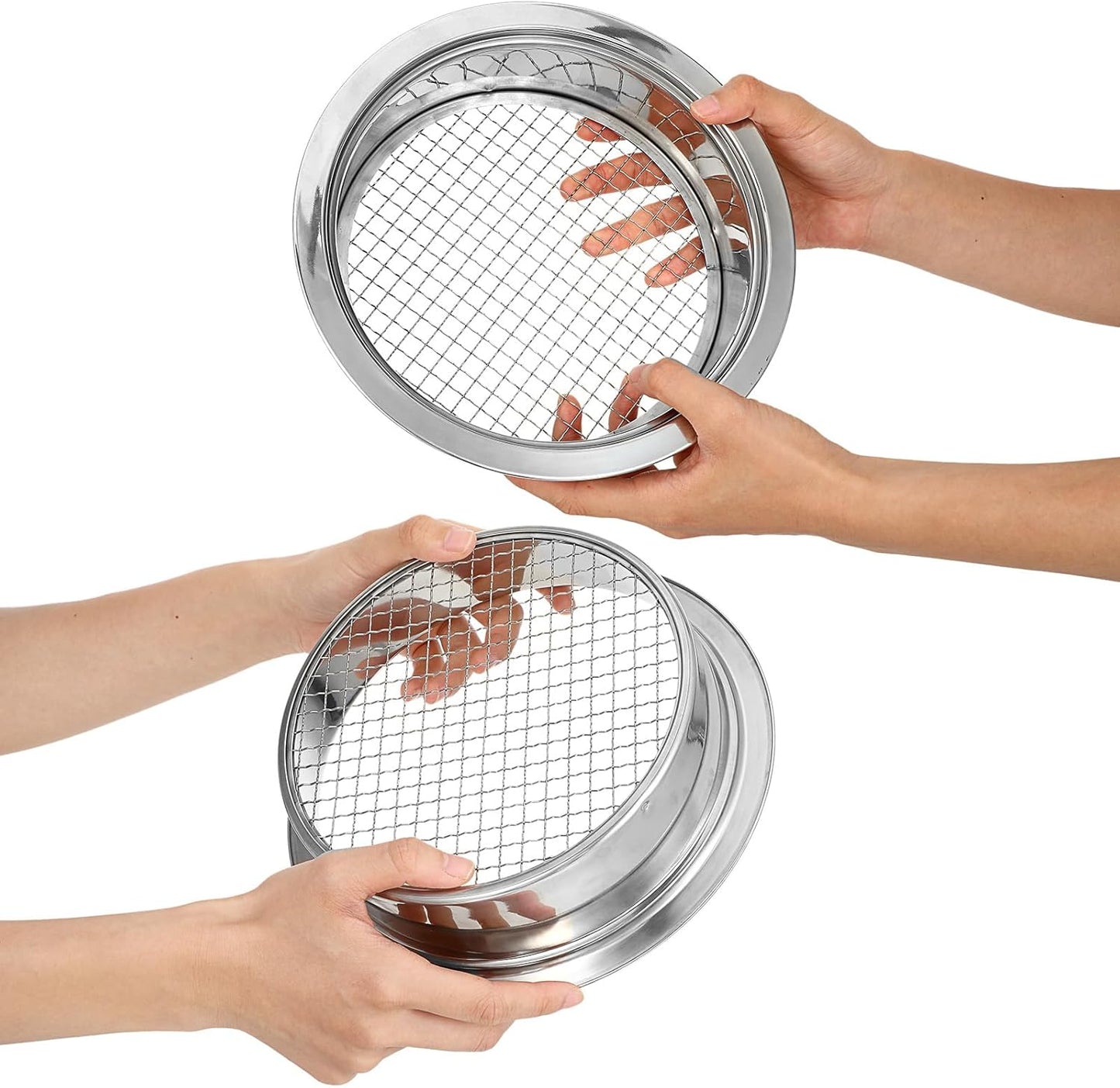 Multi-Purpose Soil Sifter for Gardening Stainless Steel 9.44”, 5 Pcs Stainless Steel Soil Sieve Mesh (1,3,6,9,12mm), Stackable Sifting Screen Pan for Bonsai Sand Rock Dirt Compost Sifter