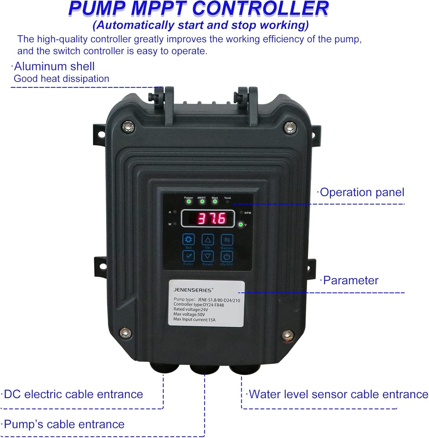 Pump 270W DC 24V Solar Water Pumps, Max head 262ft,7.9GPM Flow，3 inch Solar deep well submersible Pumps with MPPT controller （270W 24V)