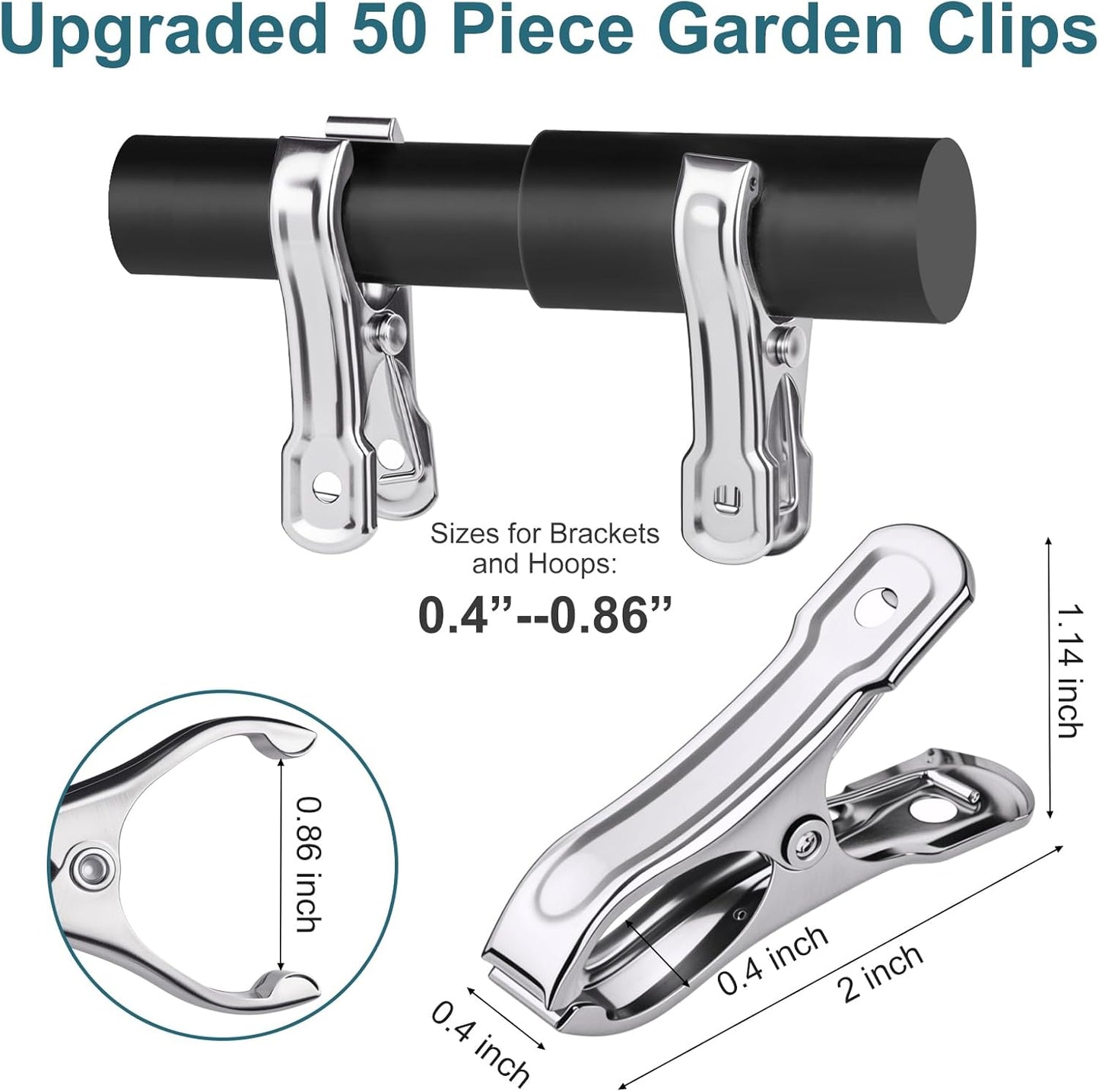 50 PCS Garden Clips, Greenhouse Clamps, Stainless Steel Greenhouse Clips for Netting, Heavy Duty Row Cover Clips with a Strong Grip for Shade Cloth or Plant Cover on Gardening Hoops