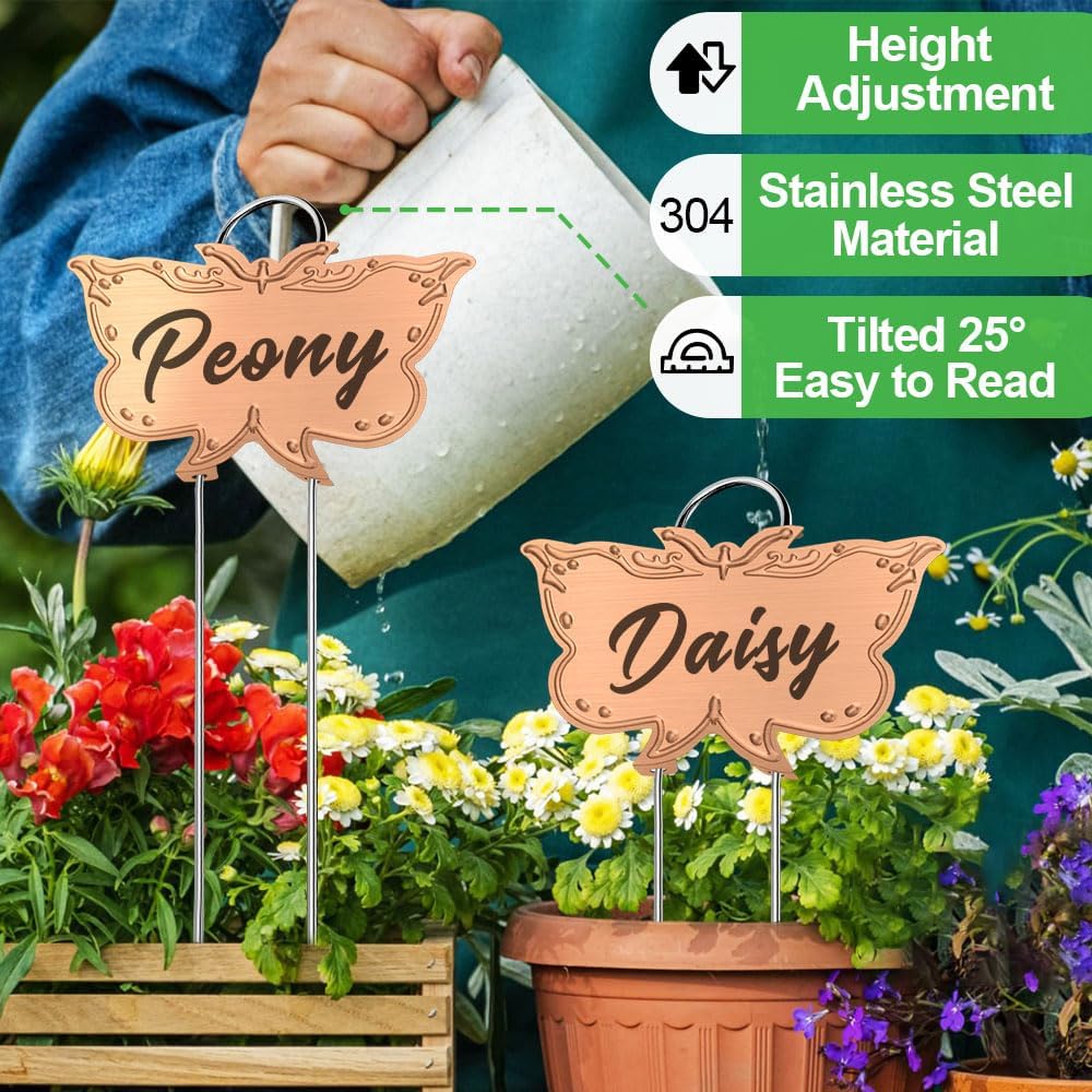 Metal Plant Labels, Tall Outdoor Butterfly Garden Markers for Flowers, Fruits and Vegetables, 304 Stainless Steel Weatherproof Signs (25 Packs, 4" x 2.3", Gold Butterfly Design)