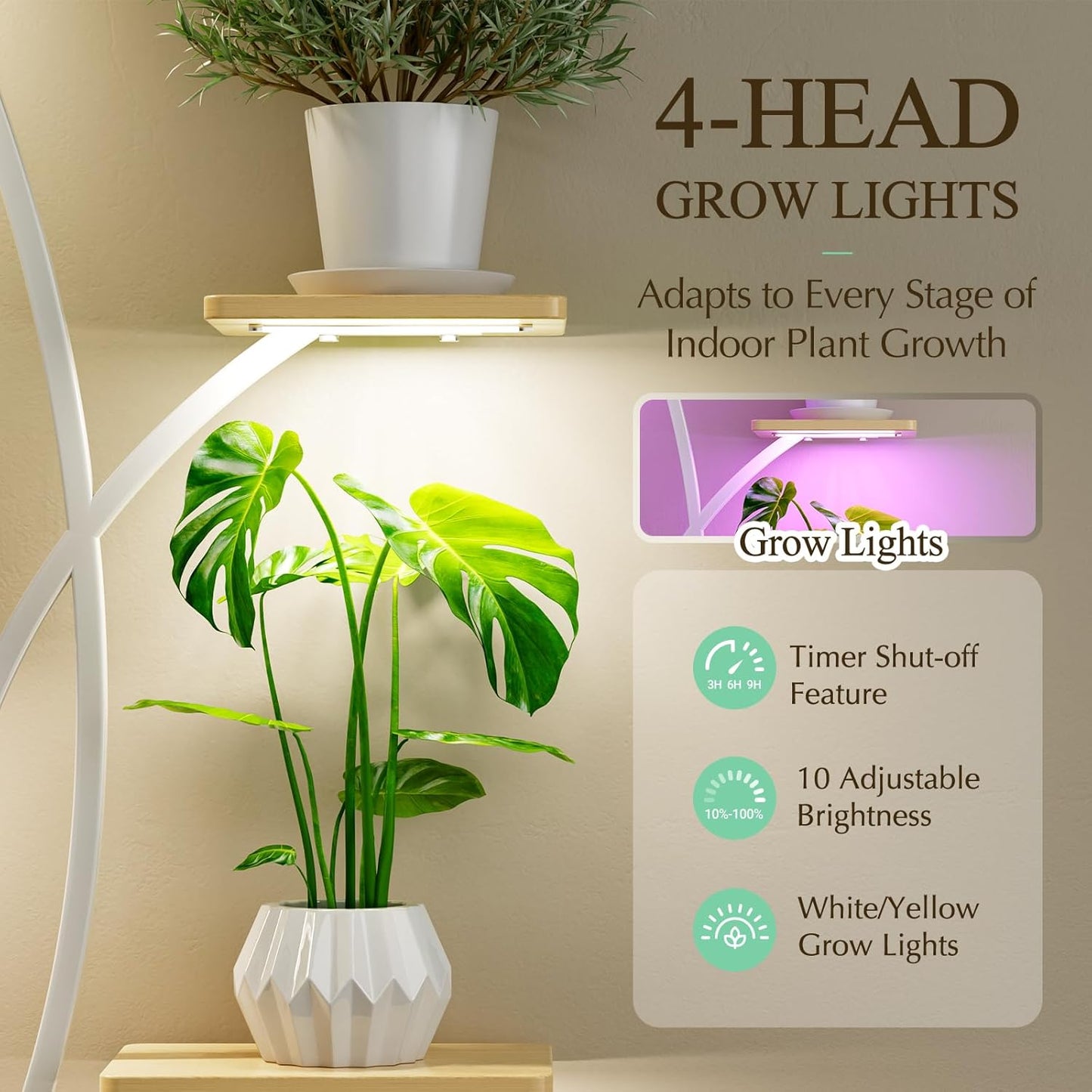 Plant Stand Indoor with Grow Light, 65" Tall Plant Stand 8 Tiered Plant Shelf, Corner Flower Stand for Indoor Plant Multiple, S-Shaped Flower Holder, Plant Rack for Home Patio, White