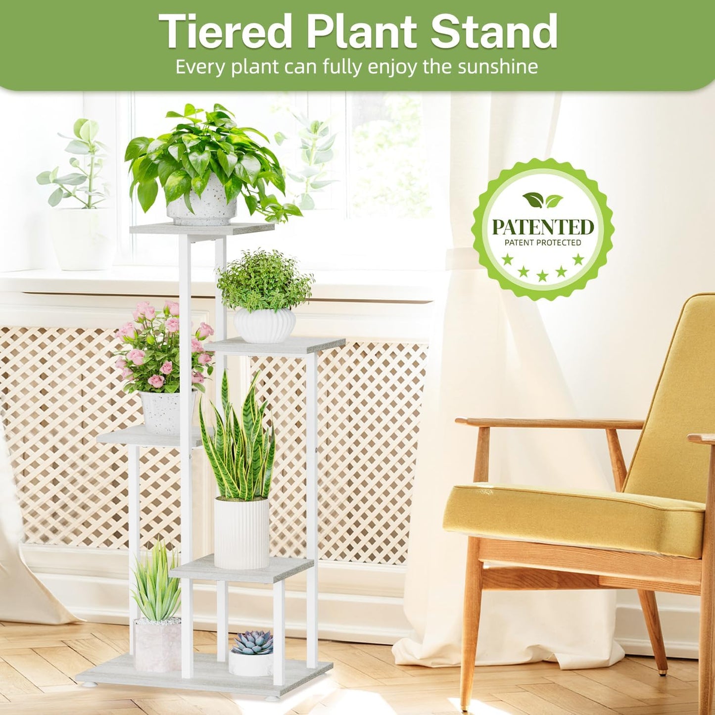 iDavosic.ly 5 Tier Plant Stand Indoor, Tiered Corner Plant Shelf for Multiple Plants, Metal Wood Tall Plant Display Rack Flower Holder for Patio Porch Garden Balcony Bedroom, White