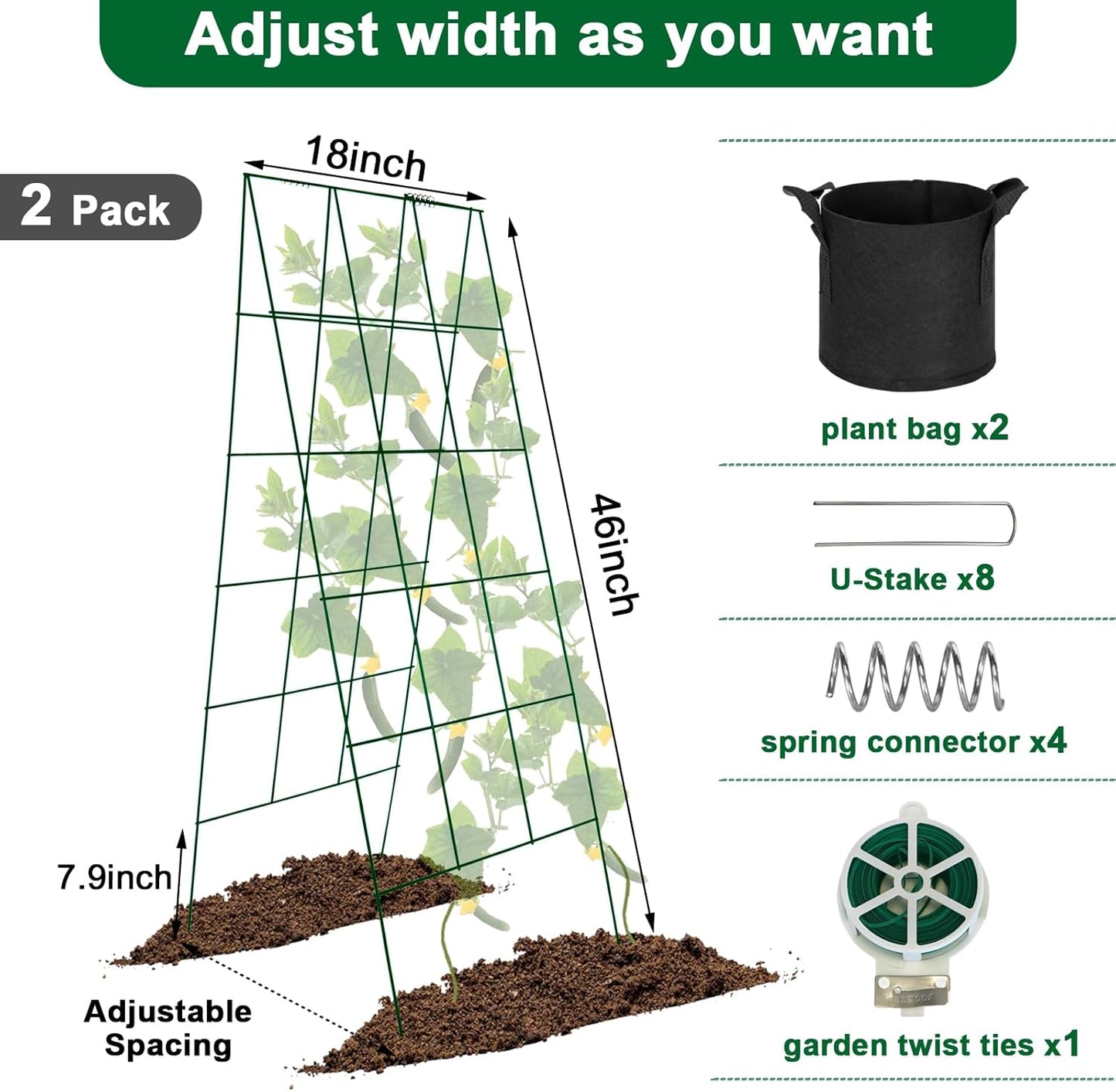 Foldable Cucumber Trellis, 46" L x 18" W A-Frame 2 Pack Cucumber Trellis for Raised Bed Garden Vegetable Grow Supports, Steel Trellis with Twist Ties & Plant Bags for Climbing Plants Outdoor