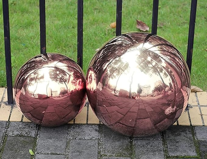 Nerien Gazing Ball, Stainless Steel Garden Mirror Globe, Polished Ornament Sphere, Hollow Floating Reflective Hemisphere, for Home Outdoor Pond Housewarming Swimming Pool Decoration, Rose Gold, 5Pcs