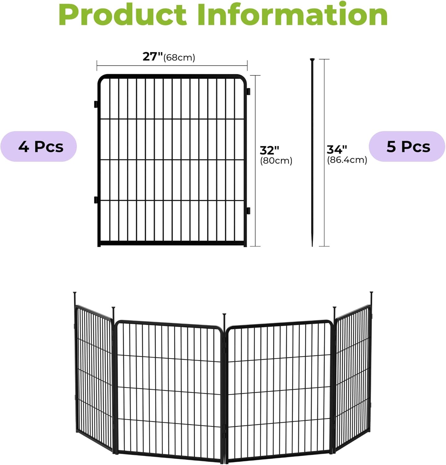 Doorless Garden Fence 32 in(H) x 8.9 ft(L) 4 Panels, Heavy Duty Metal Animal Barrier Fence, No Dig Fence for Dogs, Rabbit Fence for Garden, Black