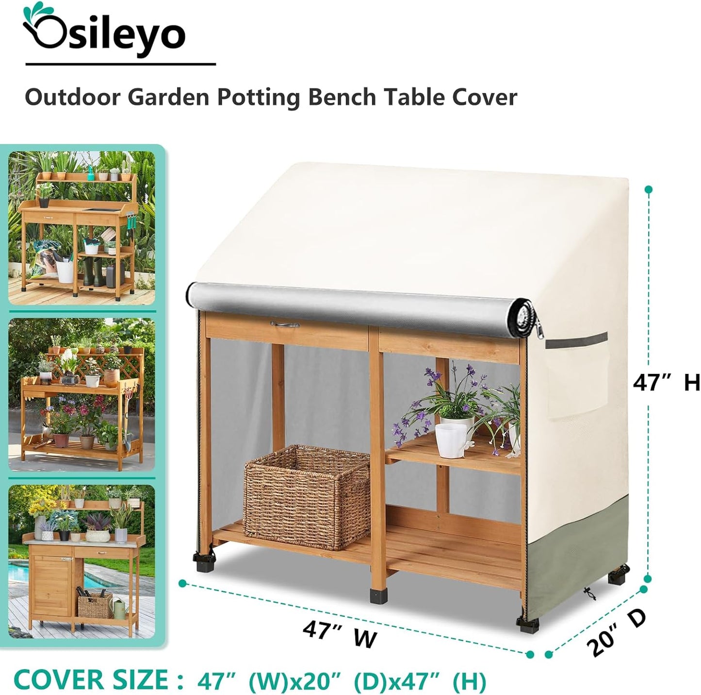 Outdoor Garden Potting Bench Table Cover with Split Zipper,Heavy 600D Duty Waterproof Anti-UV All Weather Protection,47" x 20" x 47" -Beige