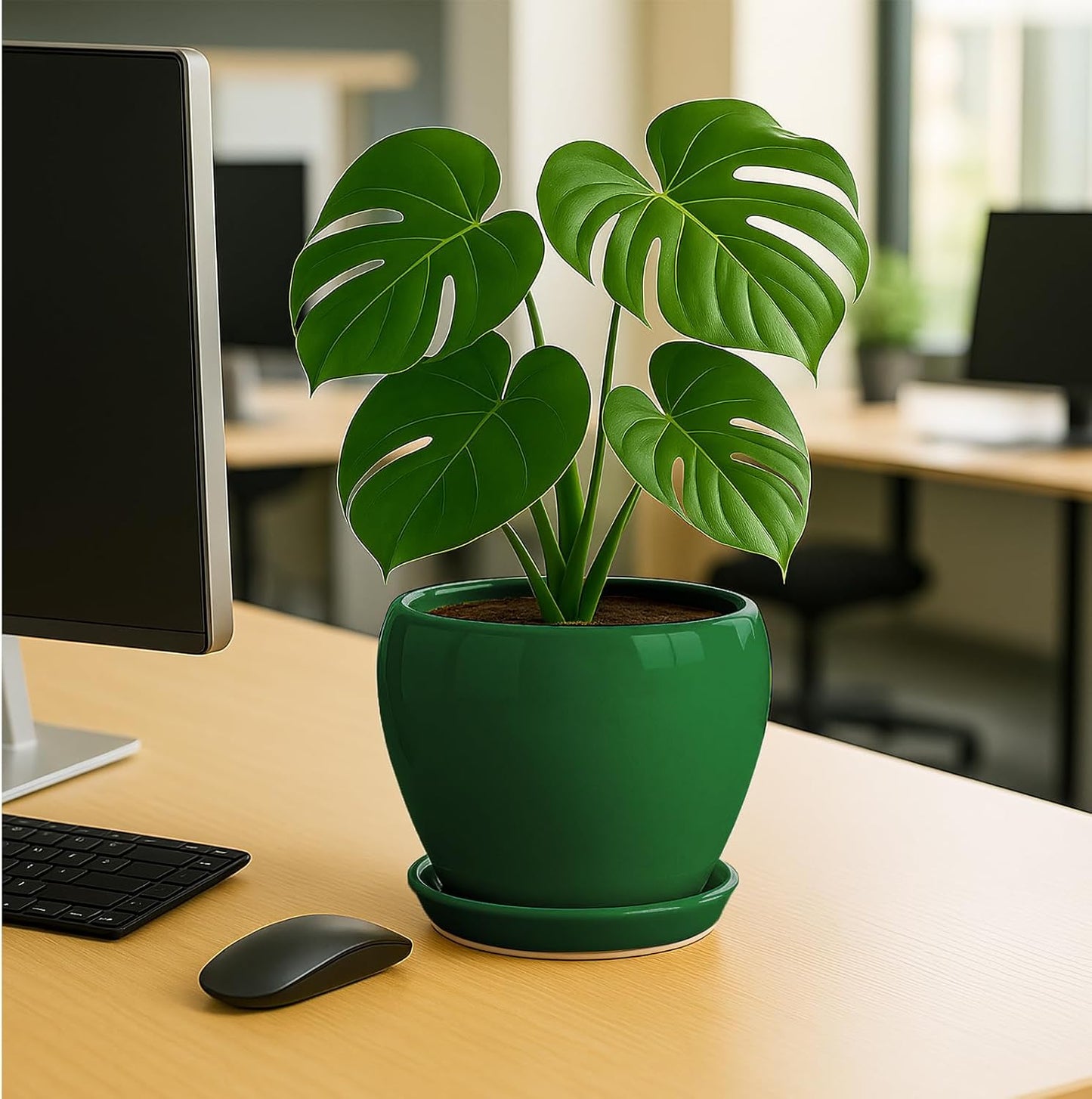 Deep Dream 8 Inch Plant Pots- Ceramic Pots for Plants with Drainage Hole and Saucer, Large Planter Pot for Indoor Plants Outdoor Decor, Green