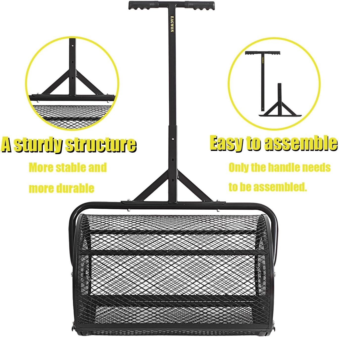 Compost Spreader, 24" Peat Moss Spreader, Roller Lawn Spreader with 3 Heights T Shaped Handle, Side Latches Powder Coated Steel Mesh Basket, Lawn & Garden Spreader for Spreading Manure Topsoil Black