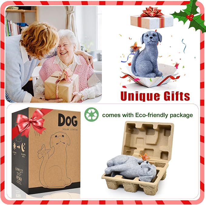 Nacome Solar Dog Outdoor Statues for Garden: Outside Decor with Butterfly Clearance for Yard Art Lawn Ornaments Porch Patio Balcony Home House - Birthday Gifts for Grandma Mom Women