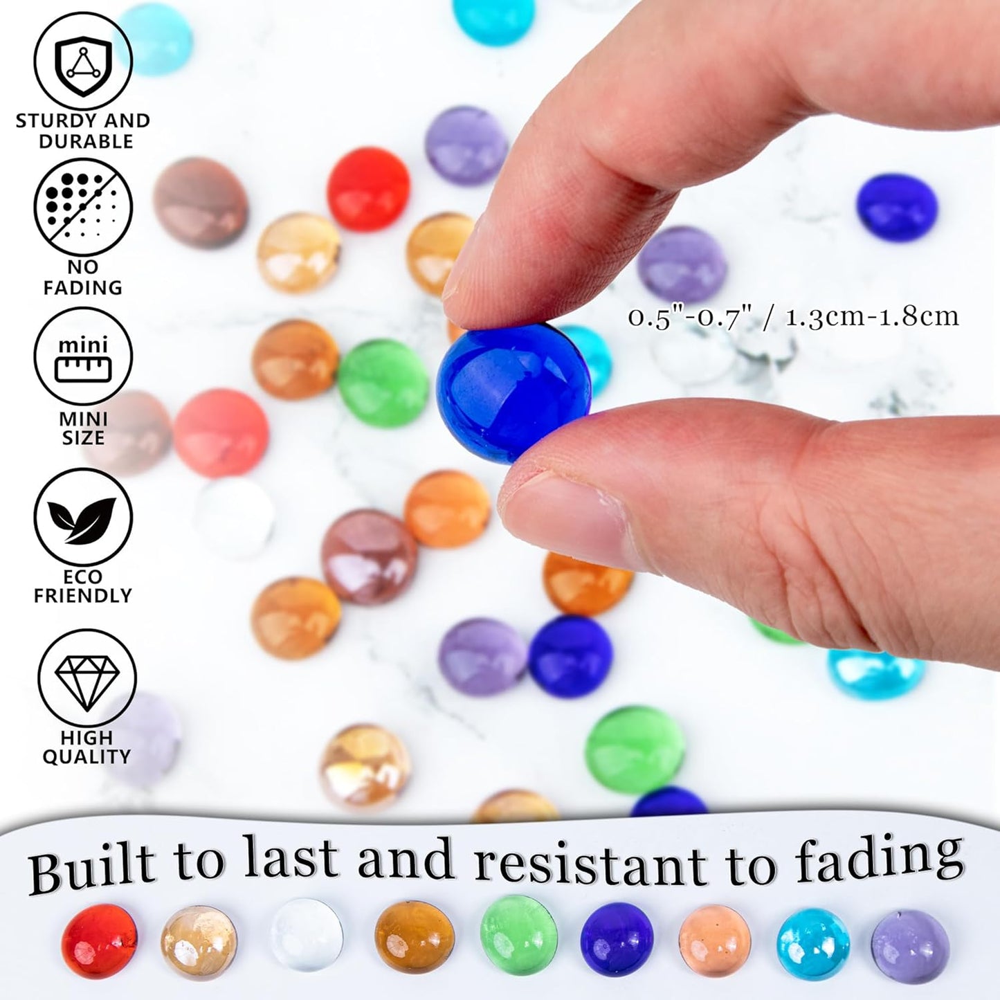 Meschett 50PCS Mini Glass Gems,Blue Mancala Stones Flat Bottom Marble Beads for Home Decorative Art Craft Vase Filler(0.5"~0.7")