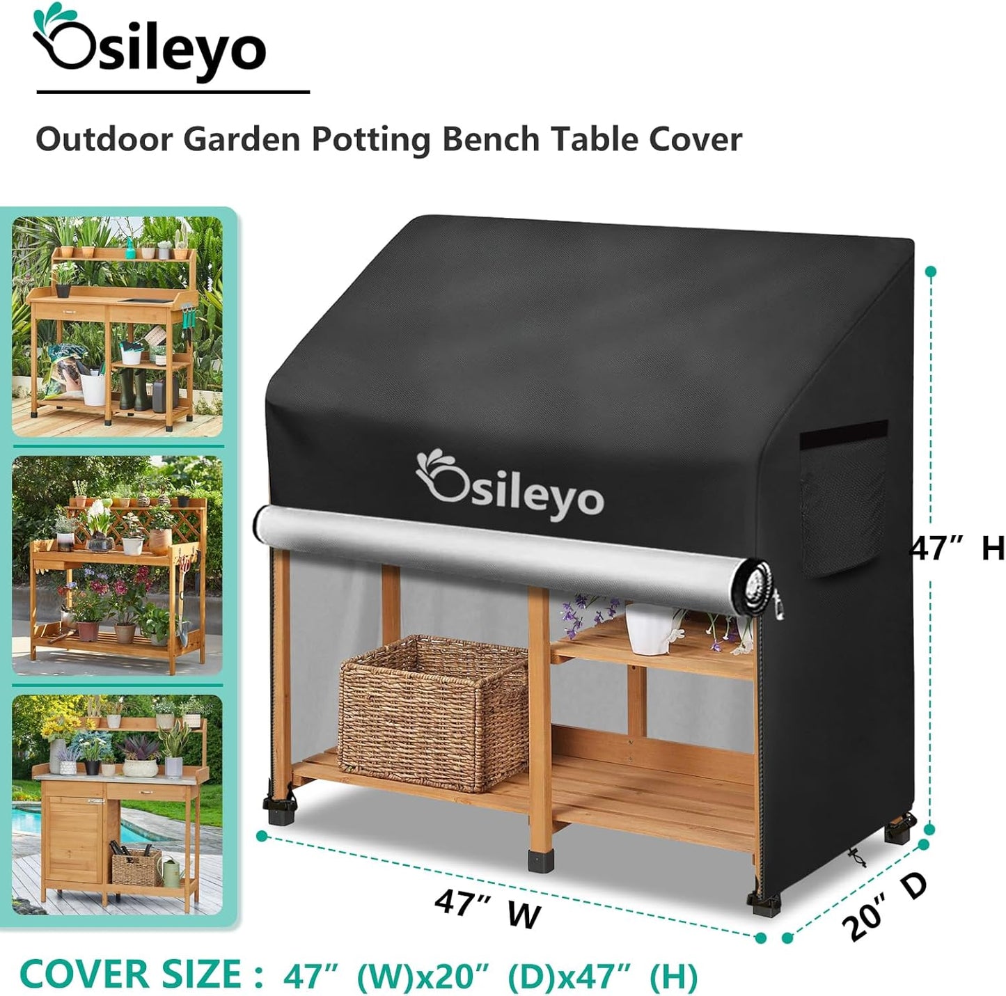 Outdoor Garden Potting Bench Table Cover with Split Zipper,600D Tough Canvas Waterproof Anti-UV All Season Weather Complete Protection Cover.(47" x 20" x 47"),Black