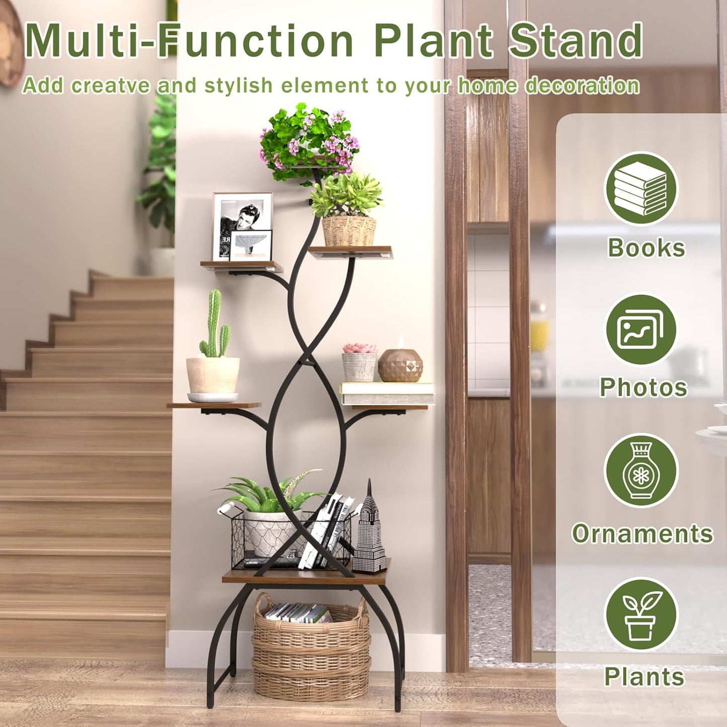 Plant Stand Indoor with Grow Lights, 6 Tiered Plant Shelf with Tree-Shaped Design, Tall Plant Stand for Multiple Plants, Metal Plant Flower Display Shelves, Corner Plant Holder for Home, Patio