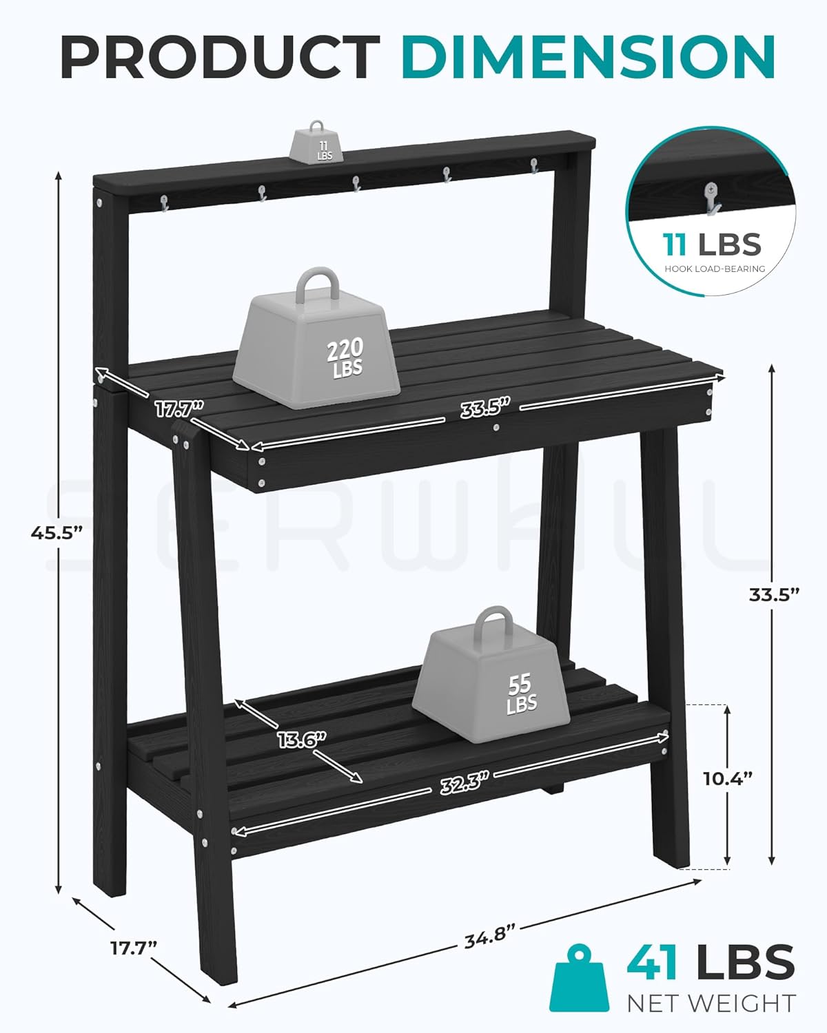 SERWALL Potting Bench Outdoor with Storage, 3-Tier HDPE Gardening Table with Angled Legs & Tool Hooks, All-Weather Heavy Duty Potting Table for Patio, Backyard, Garden, Black