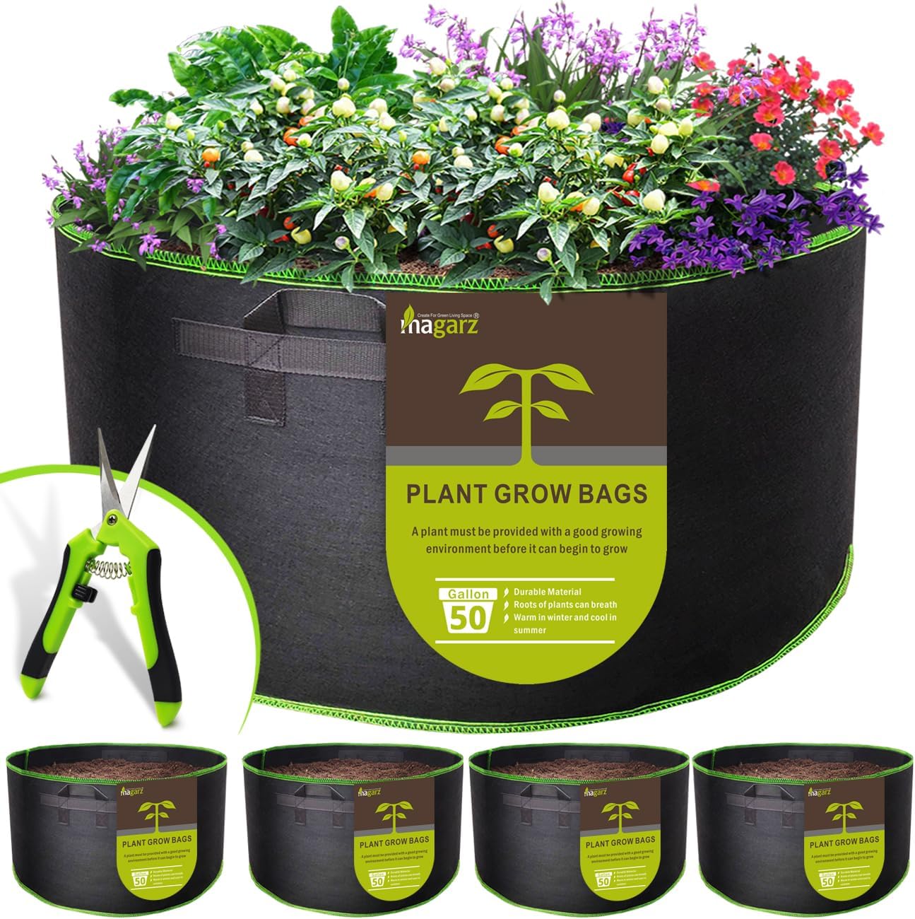 4-Pack 50 Gallon Fabric Flower Pots Garden Felt Grow Bags with Handle (Black)