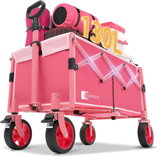 Wagon with Brakes, Foldable Cart with 220LBS Capacity, Utility Lightweight Wagon, Collapsible Grocery Shopping Cart for Camping Sports & Holiday.Pink