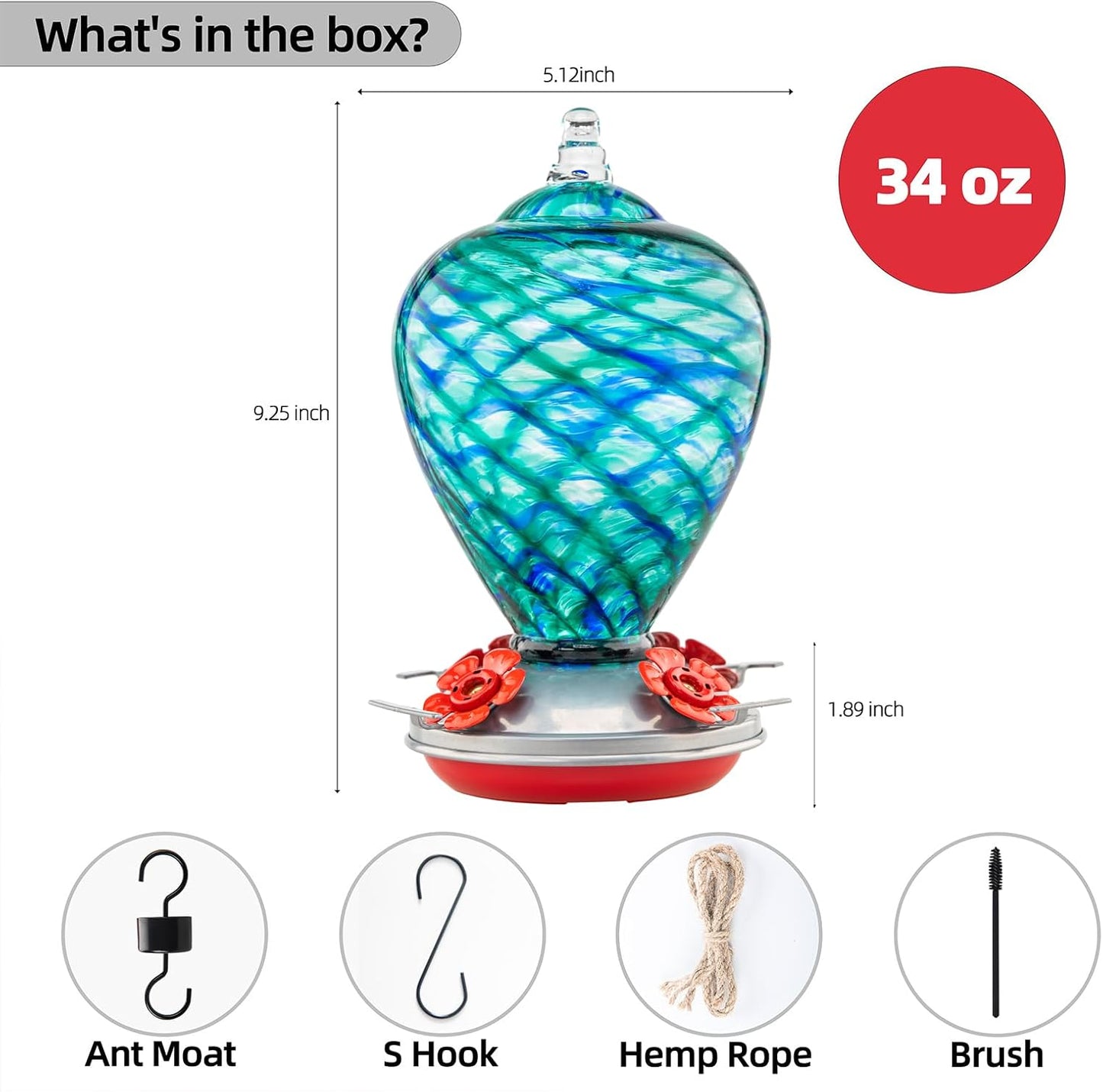 2 Packs Hummingbird Feeder for Outdoors Hanging Ant and Bee Proof, 34OZ 32OZ Hand Blown Glass Hummingbird Feeders for Outside (Blue & Flame)