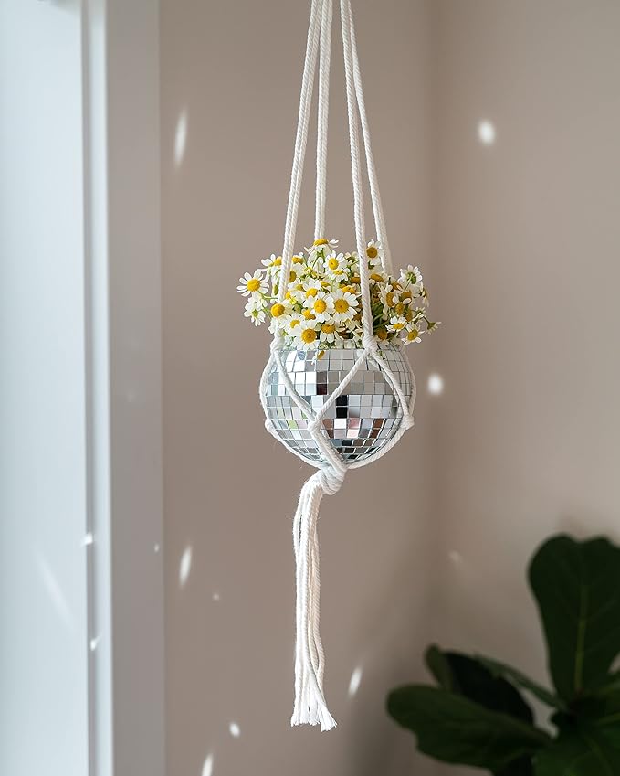 Hanging Disco Ball Planter 8" - with Acrylic Stand and Macrame Plant Hanger - Home Décor, Room Décor, Patio or Boho Décor, Mirror Disco Planter, Disco Decor (4" Mini with Base)