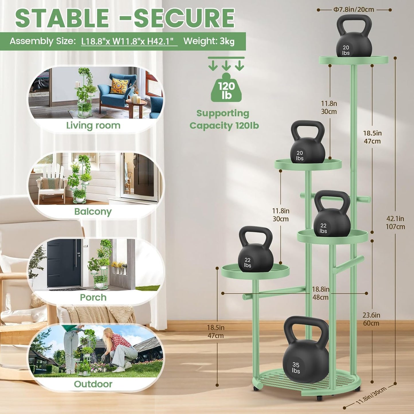 TOSKING 5 Tier Metal Plant Stand Indoor， Plant Shelf, Corner Shelf Flower Pot Stand for Outdoor Plant Stand for Living Room Balcony Garden Patio Bedroom (Green, 42in)