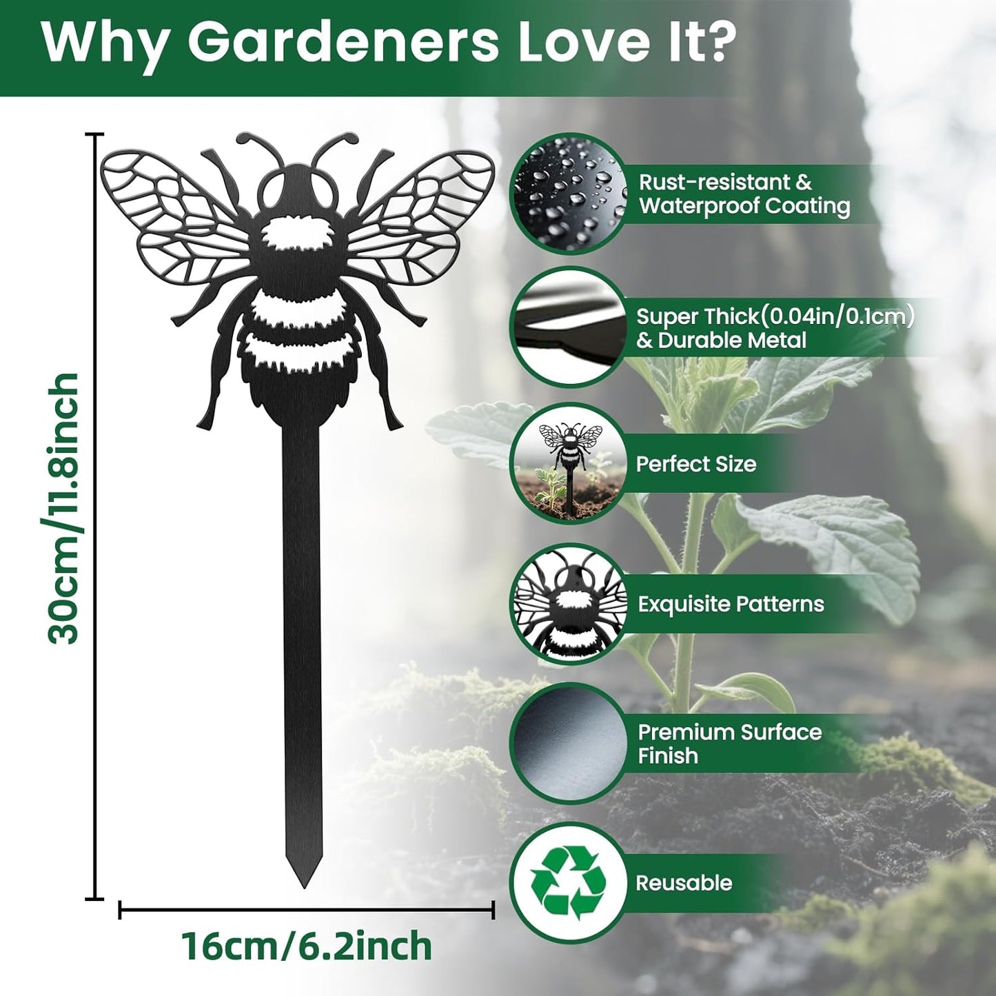 CUTHOLLOW Metal Plant Marker Stake Bee for Outdoor Indoor, Waterproof 11.8 inch Cute Garden Plant Labels Sign Tag for Vegetables, Farmhouse Greenhouse Decor - Funny Gardening Gifts