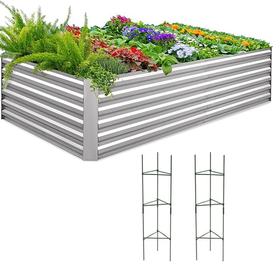 Quictent Galvanized Raised Garden Bed 8x4x2 Ft Tall Metal Planter Box for Vegetables Outdoor Bottomless for Backyard, 2 Tomato Cages Included, 22.04" Deep (Silver)