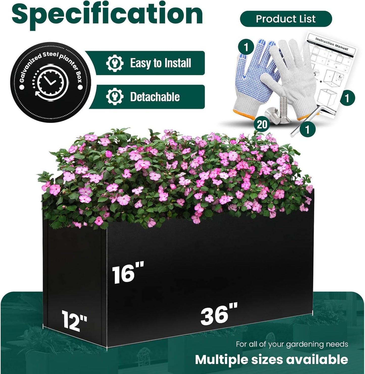 Black Planter Box Galvanized Steel Metal Planter Rectangular Indoor Large Outdoor Planters Steel Metallic Heavy Flower Pot 36In x 12In x 16In Commercial Residential for Patio, Deck, Backyard, Garden