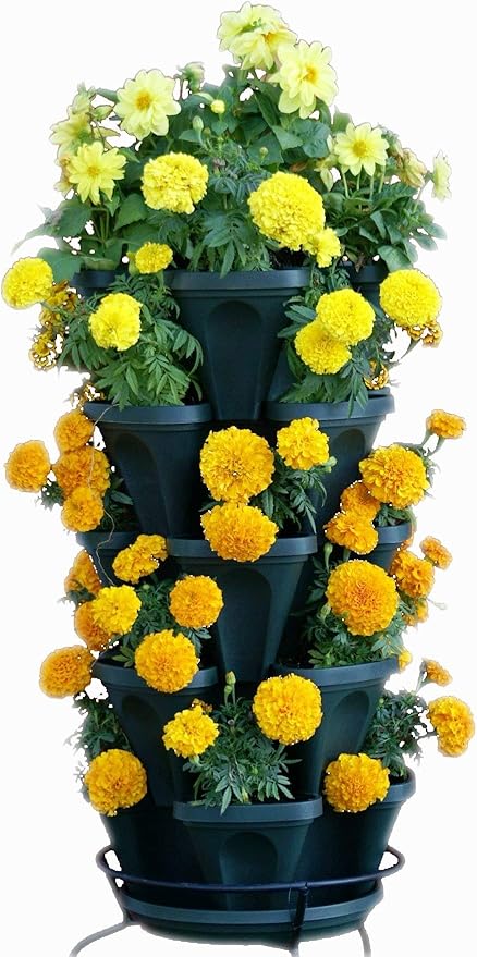 Mr. Stacky 1305-HG 5-Tier Stackable Strawberry, Herb, Flower, & Vegetable Planter - Vertical Gardening Indoor / Outdoor Stacking Garden Pots Hunter Green, 22.5 Quarts