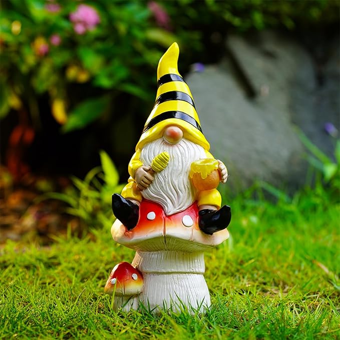 Solar Gnome Decor for Outside - Garden Beer Gnome Outdoor with Solar Lights, Sitting on Mushrooms - Perfect Housewarming or Women's Gifts (Yellow)