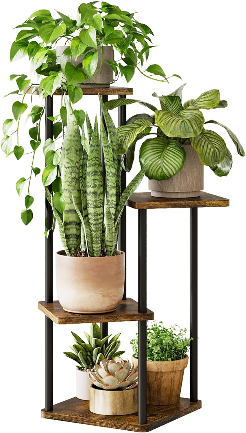 Tall Plant Stand Indoor 4 Tiered Plant Shelf for Multiple Plants Coner Shelf Stand Wood Plant Stand Metal Shelving for Living Room Bedroom Balcony Patio Brown Oak