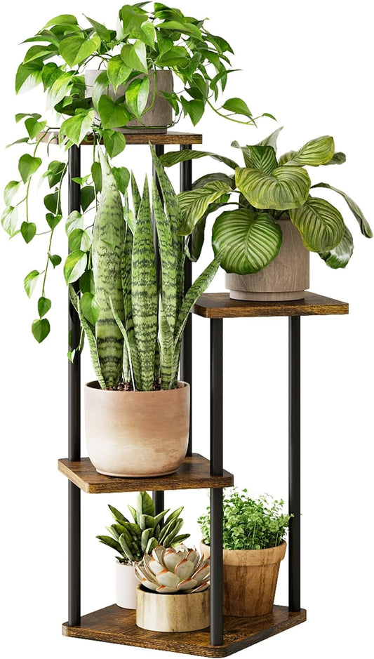 Tall Plant Stand Indoor 4 Tiered Plant Shelf for Multiple Plants Coner Shelf Stand Wood Plant Stand Metal Shelving for Living Room Bedroom Balcony Patio Brown Oak