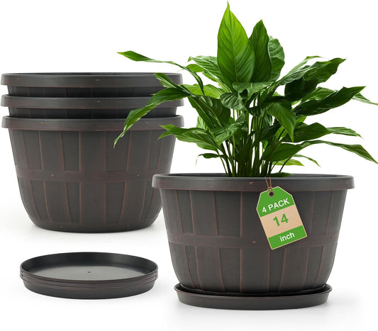 Quarut 14 Inch Plastic-Flower-Pot-for-Indoor-Plants, 4 Pack Large Outdoor Planter Pot with Drainage Holes & Saucers, Resin Decorative Garden Pots Planters（Brown）